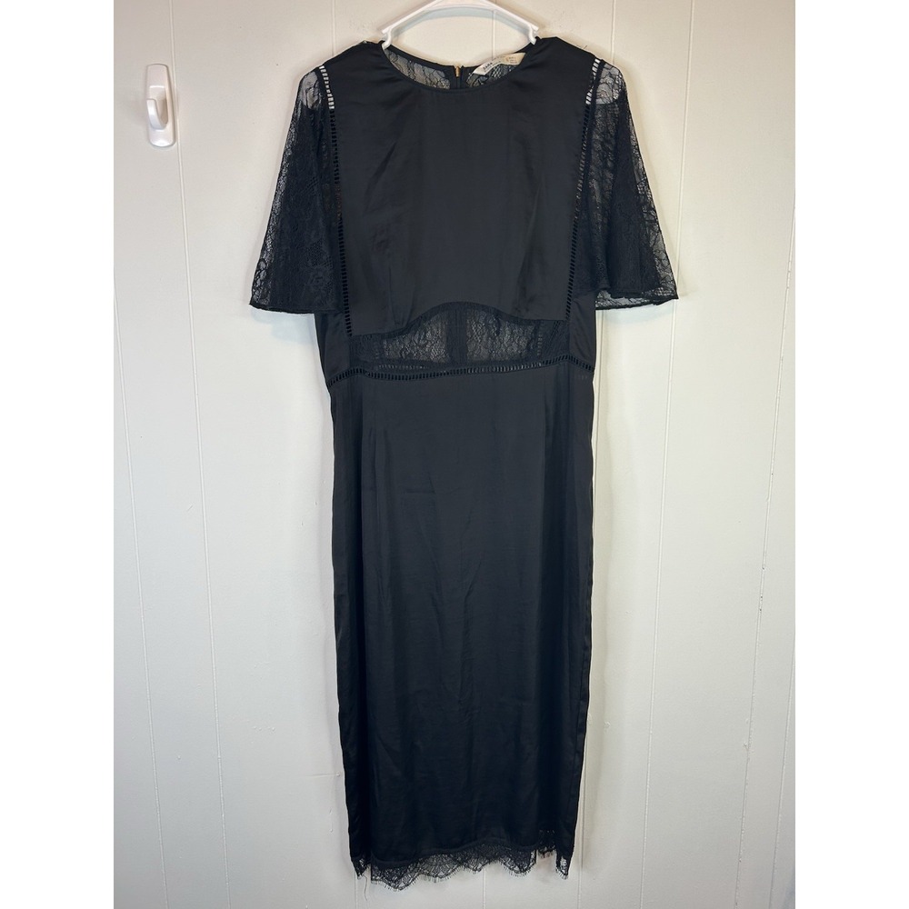 Zara Women's Size Large Black Midi Dress Lace Overlay To Midriff Black 189